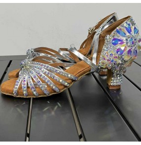 Women silver rhinestones latin dance shoes sparkling rhinestones soft soles salsa waltz tango chacha performance ball gown dancing shoes 2inch heel 